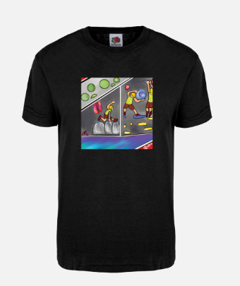 tee-shirt noir, escalade, style bande dessinée, couleurs